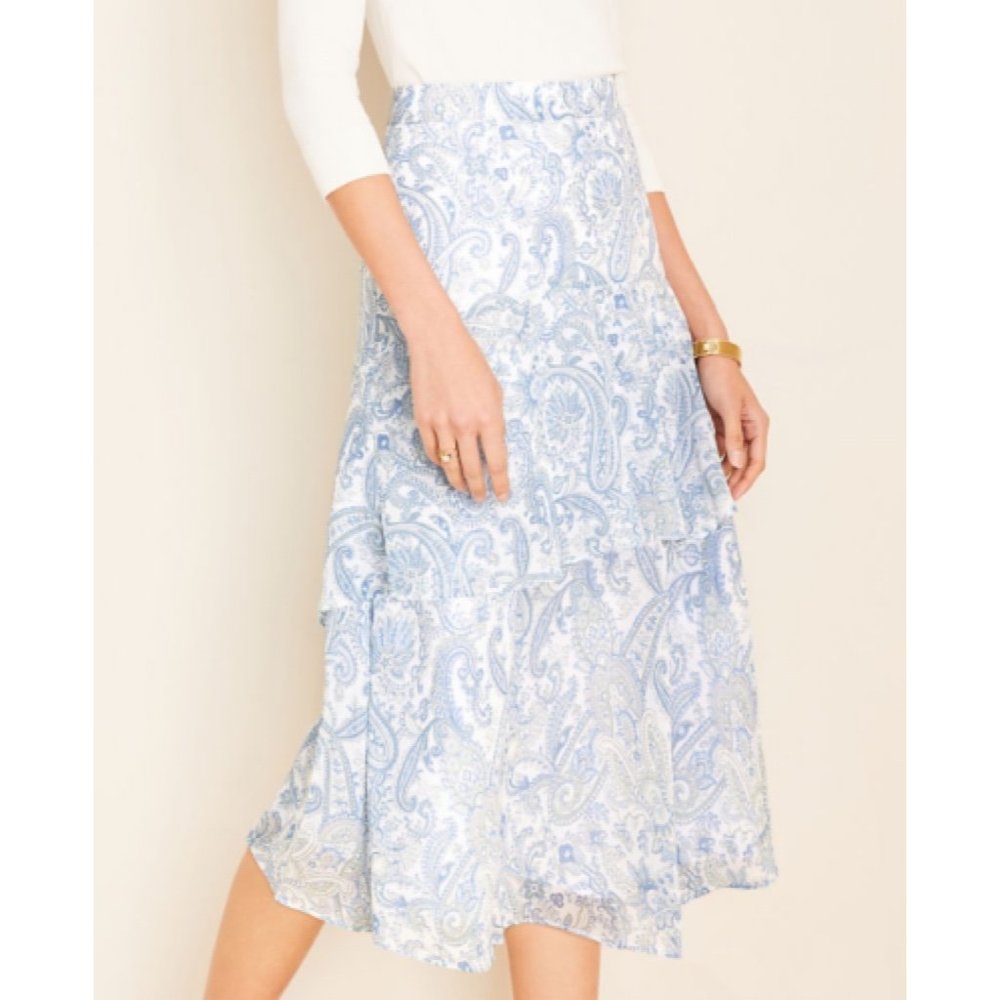 NWT Ann Taylor Paisley Tiered Flounce Skirt (Blue Mist) Size 0